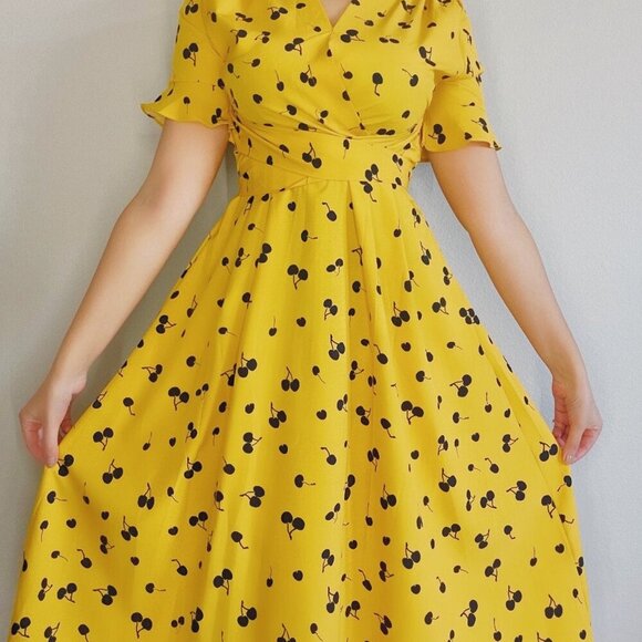 Yellow Cherry Midi Summer Spring Dress - Picture 5 of 7
